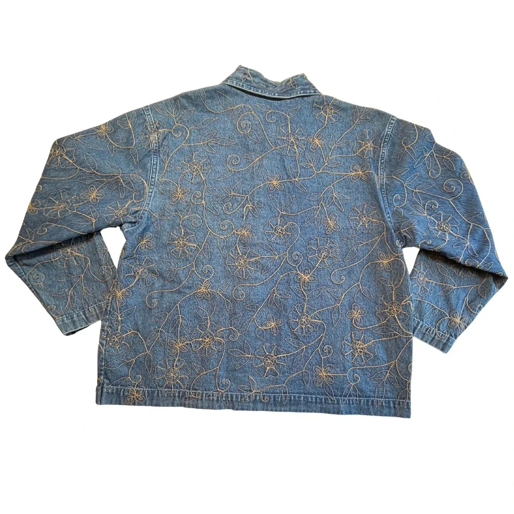Vintage 90s Embroidered Denim Jacket L 100% Cotton Floral Western Granny‎ Artsy